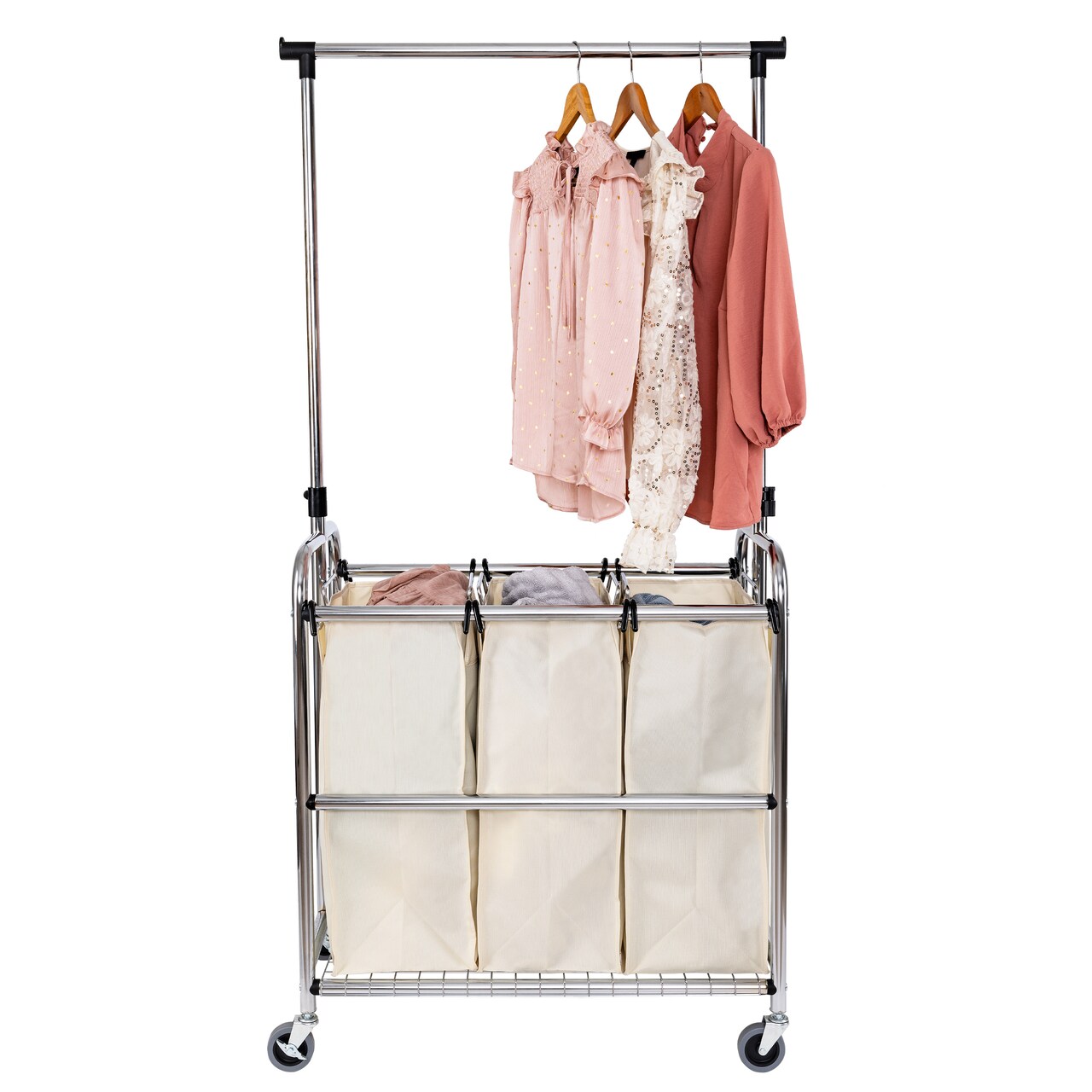 Seville Classics Rolling 3-Bag Steel Laundry Sorter w/ Hanging Bar